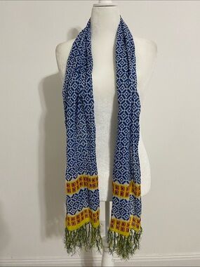 29 Palms Blue, White, Yellow Cotton Voile Scarf with Knotted Fringe